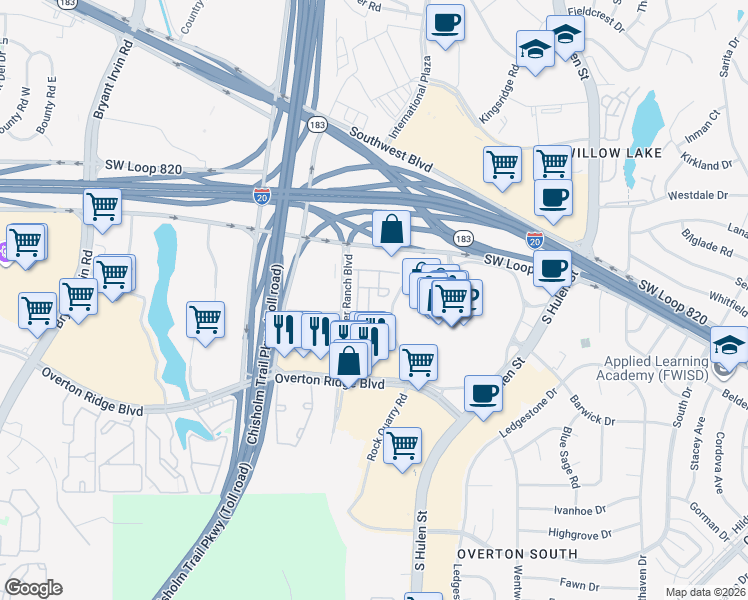 map of restaurants, bars, coffee shops, grocery stores, and more near 5100 River Valley Boulevard in Fort Worth