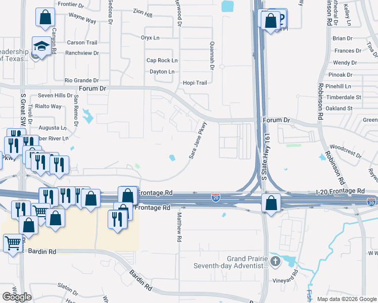 map of restaurants, bars, coffee shops, grocery stores, and more near 2136 Sara Jane Parkway in Grand Prairie
