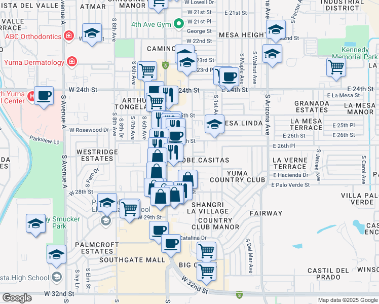 map of restaurants, bars, coffee shops, grocery stores, and more near 250 West 27th Street in Yuma