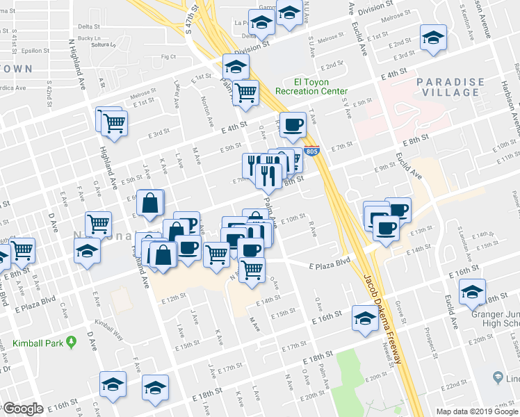 map of restaurants, bars, coffee shops, grocery stores, and more near 1446 East 8th Street in National City