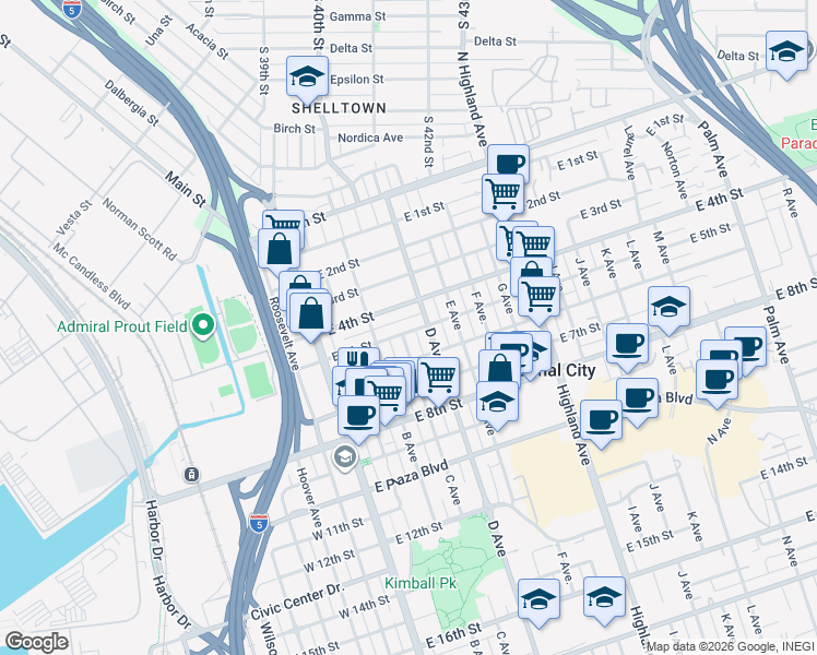 map of restaurants, bars, coffee shops, grocery stores, and more near 504 C Avenue in National City