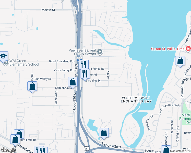 map of restaurants, bars, coffee shops, grocery stores, and more near 5505 Sun Valley Drive in Fort Worth