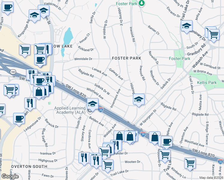 map of restaurants, bars, coffee shops, grocery stores, and more near 4217 Selkirk Drive West in Fort Worth