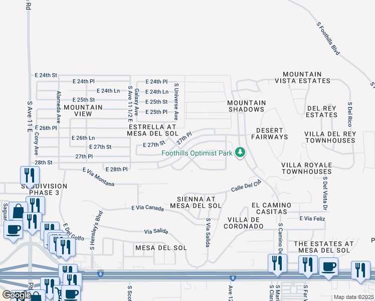 map of restaurants, bars, coffee shops, grocery stores, and more near 11730 East 28th Place in Yuma