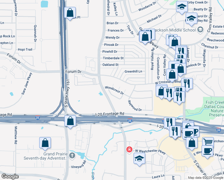 map of restaurants, bars, coffee shops, grocery stores, and more near 818 Woodhaven Lane in Grand Prairie
