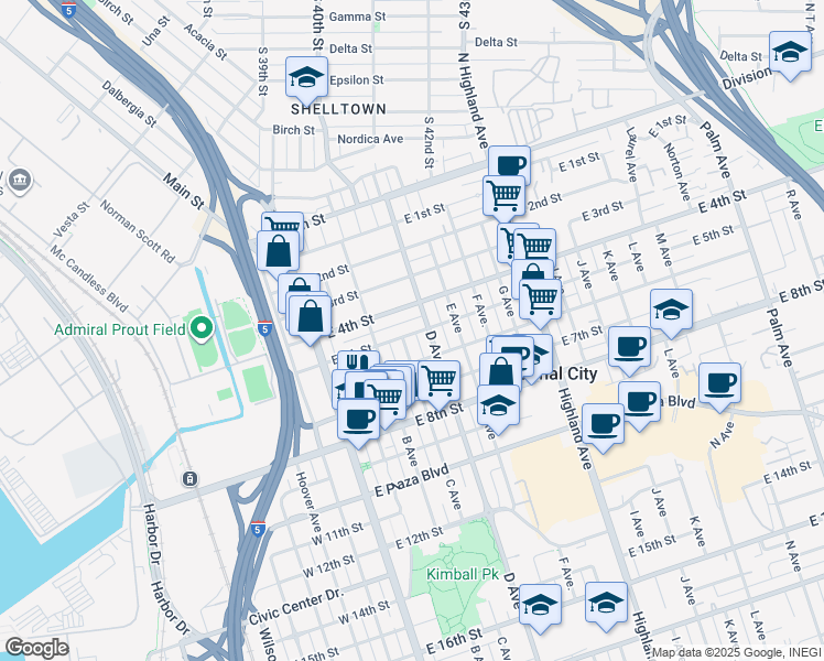 map of restaurants, bars, coffee shops, grocery stores, and more near 331 East 5th Street in National City