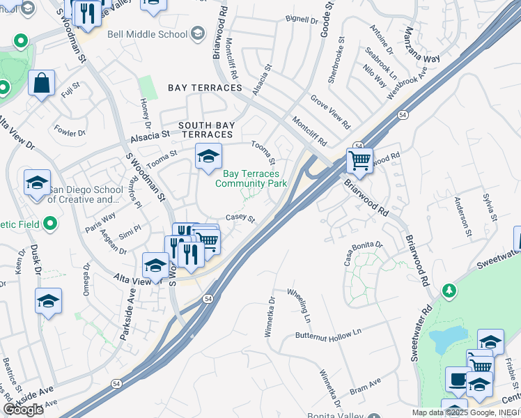 map of restaurants, bars, coffee shops, grocery stores, and more near 2895 Alta View Drive in San Diego