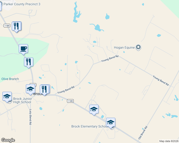 map of restaurants, bars, coffee shops, grocery stores, and more near Young Bend Road in Parker County