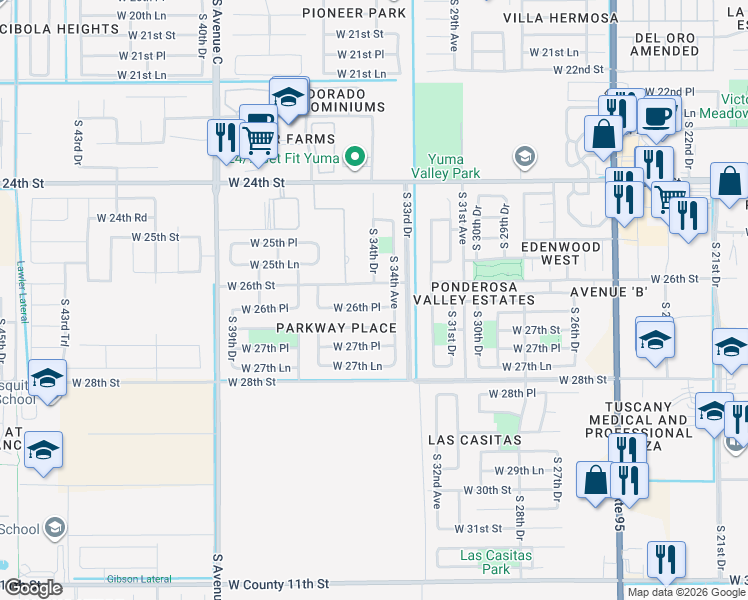 map of restaurants, bars, coffee shops, grocery stores, and more near 3411 West 26th Place in Yuma
