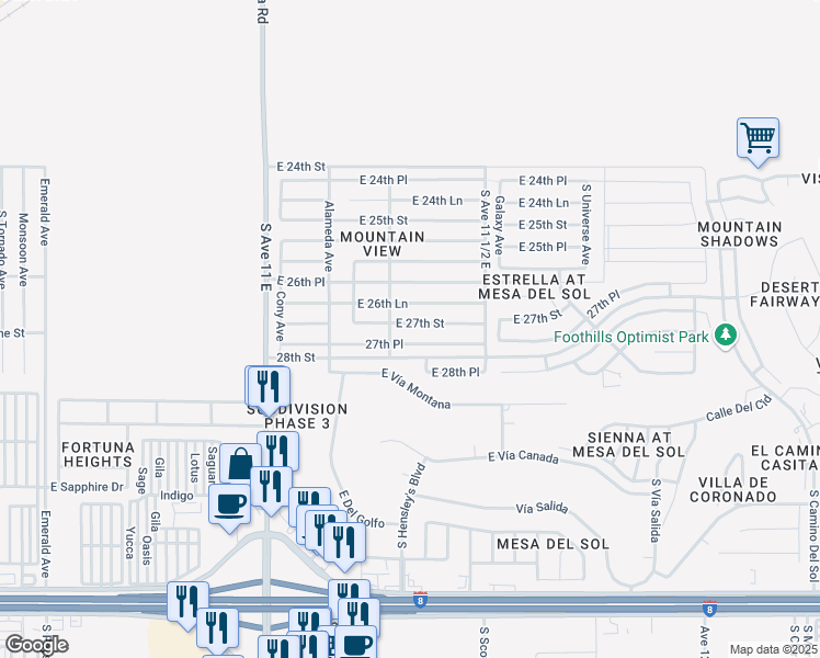 map of restaurants, bars, coffee shops, grocery stores, and more near 11323-11457 East 27th Place in Yuma