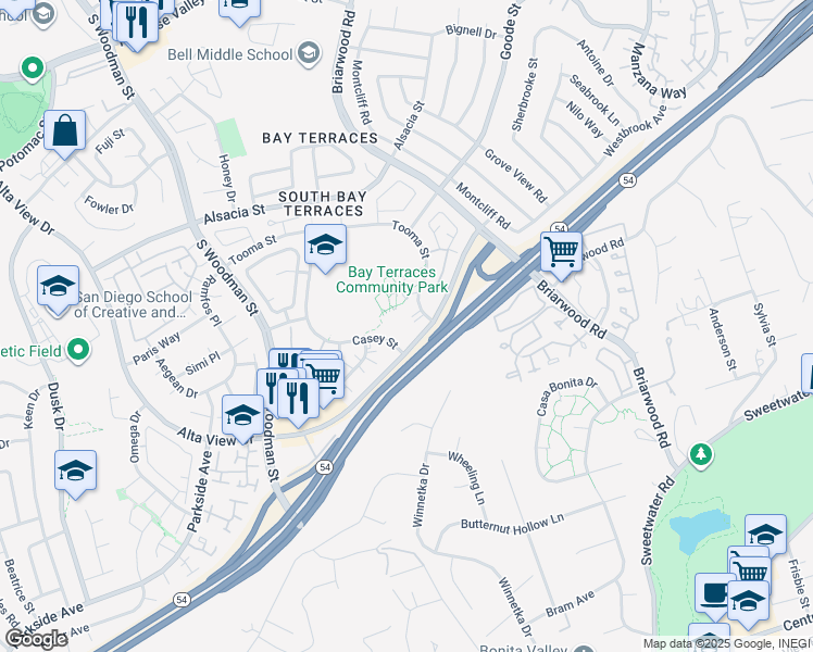 map of restaurants, bars, coffee shops, grocery stores, and more near 2895 Alta View Drive in San Diego