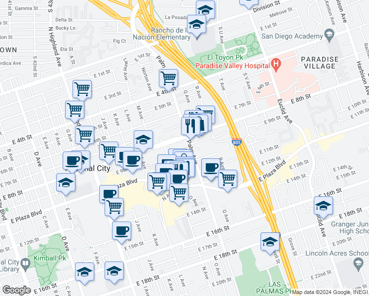 map of restaurants, bars, coffee shops, grocery stores, and more near 1446 East 8th Street in National City