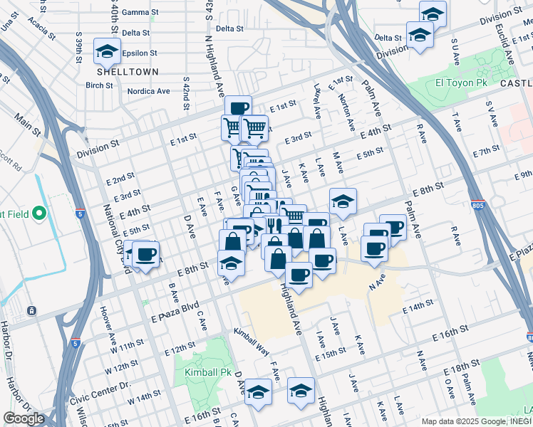 map of restaurants, bars, coffee shops, grocery stores, and more near 640A Highland Avenue in National City