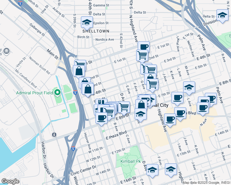 map of restaurants, bars, coffee shops, grocery stores, and more near 504 C Avenue in National City