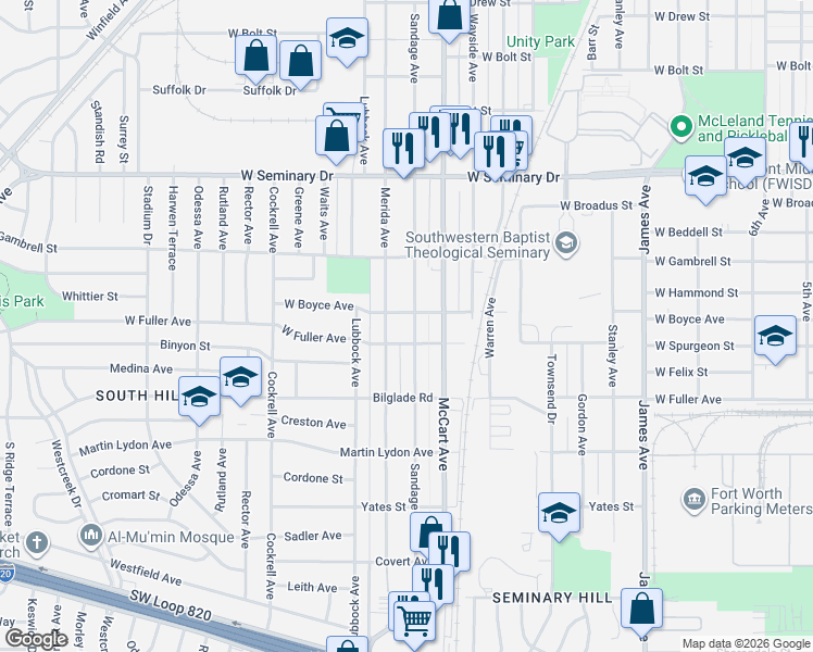 map of restaurants, bars, coffee shops, grocery stores, and more near 4620 Sandage Avenue in Fort Worth