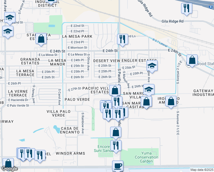 map of restaurants, bars, coffee shops, grocery stores, and more near 1880 San Marcos Drive in Yuma