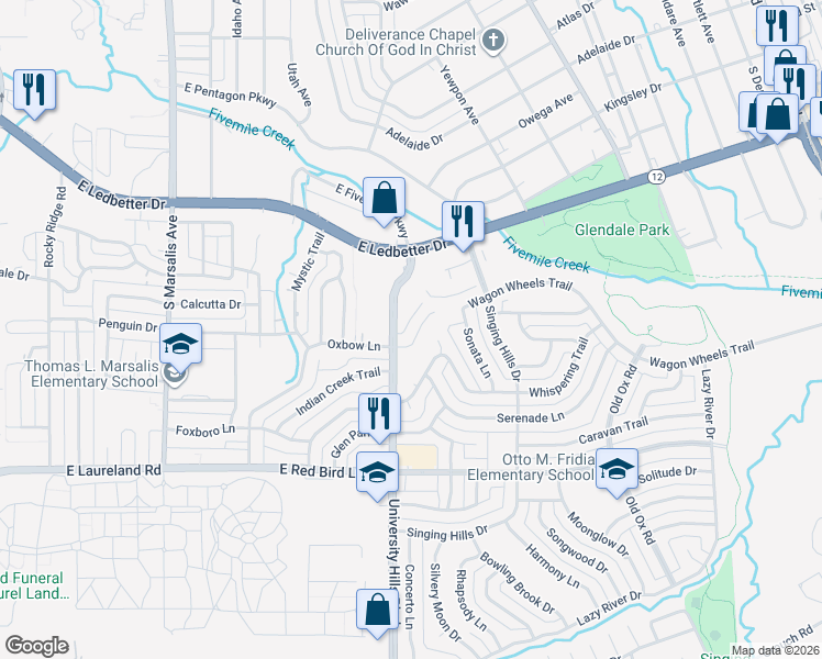 map of restaurants, bars, coffee shops, grocery stores, and more near 1217 Wagon Wheels Trail in Dallas