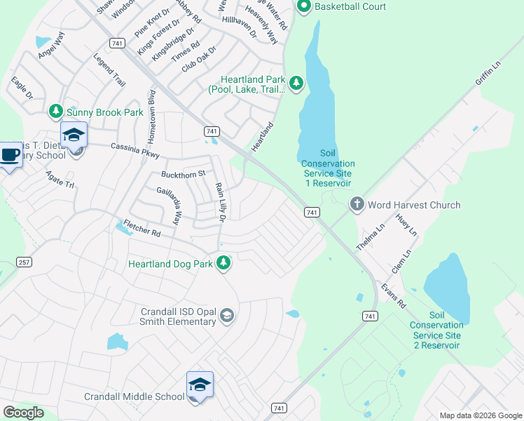 map of restaurants, bars, coffee shops, grocery stores, and more near 2933 Rosemount Lane in Crandall