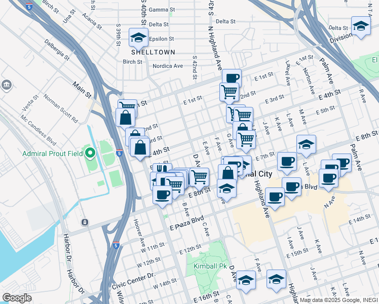 map of restaurants, bars, coffee shops, grocery stores, and more near 331 East 5th Street in National City