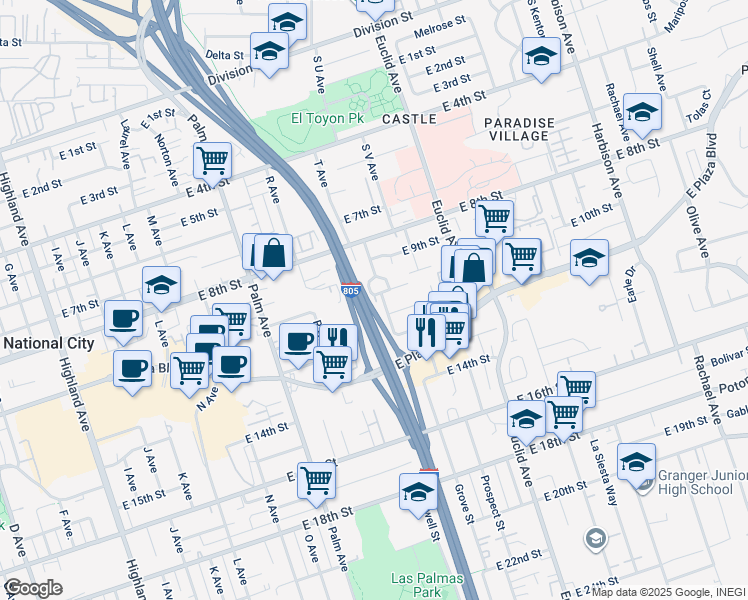 map of restaurants, bars, coffee shops, grocery stores, and more near 2016 East 10th Street in National City