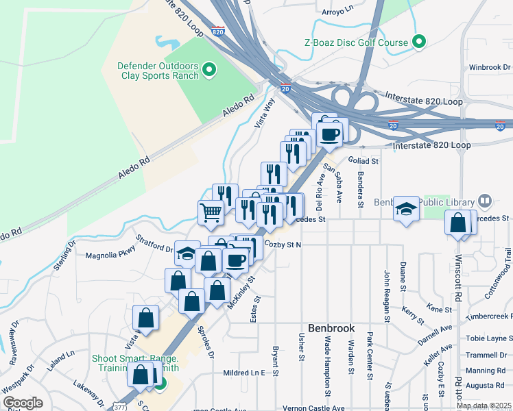 map of restaurants, bars, coffee shops, grocery stores, and more near 301 Mercedes Street in Benbrook