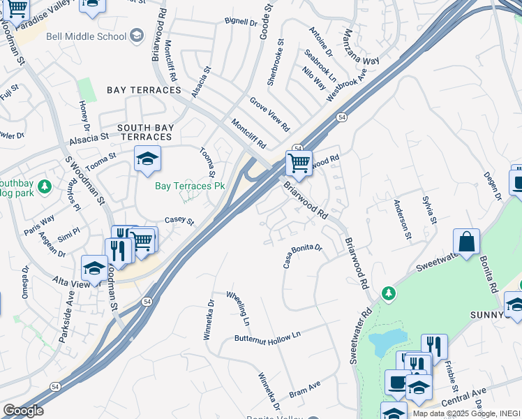 map of restaurants, bars, coffee shops, grocery stores, and more near 2 Bonita Road in Chula Vista