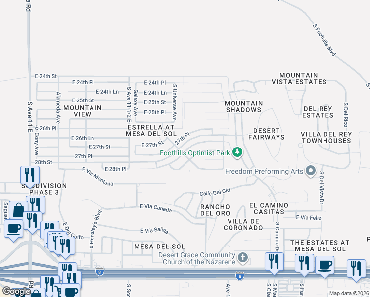 map of restaurants, bars, coffee shops, grocery stores, and more near 11806 East Alpha Way in Yuma