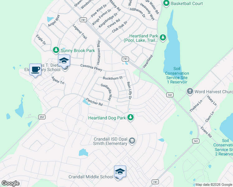map of restaurants, bars, coffee shops, grocery stores, and more near 3021 Rosemount Lane in Crandall