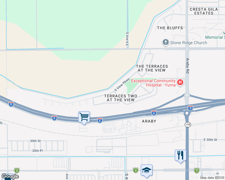 map of restaurants, bars, coffee shops, grocery stores, and more near 5865 East View Parkway in Yuma