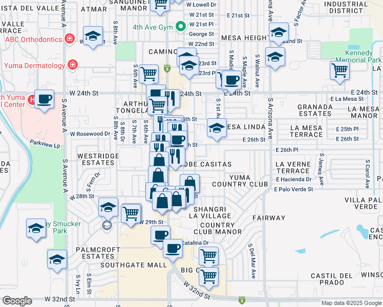 map of restaurants, bars, coffee shops, grocery stores, and more near 250 West 27th Street in Yuma