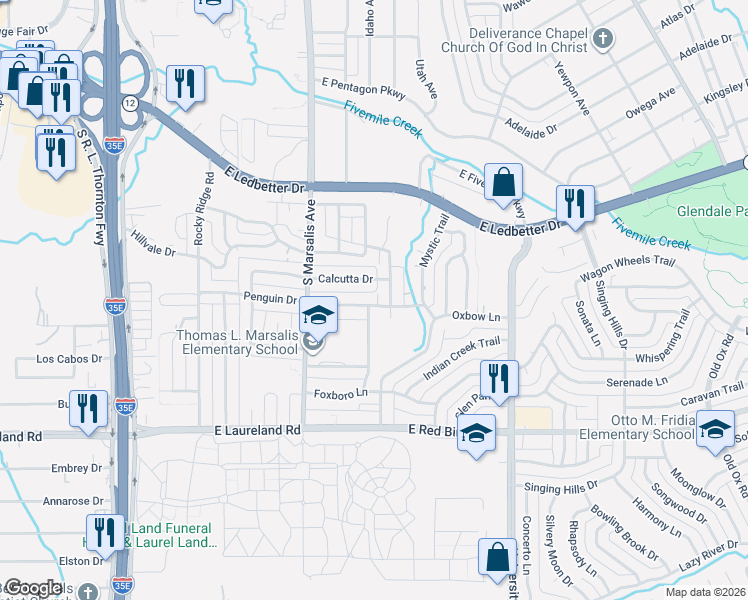 map of restaurants, bars, coffee shops, grocery stores, and more near 5611 Stratton Drive in Dallas