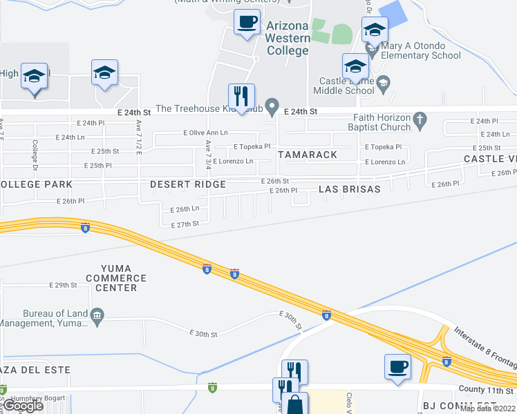 map of restaurants, bars, coffee shops, grocery stores, and more near 2689 South Pinedale Avenue in Yuma