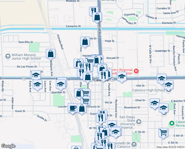 map of restaurants, bars, coffee shops, grocery stores, and more near 100-146 State Highway 98 in Calexico