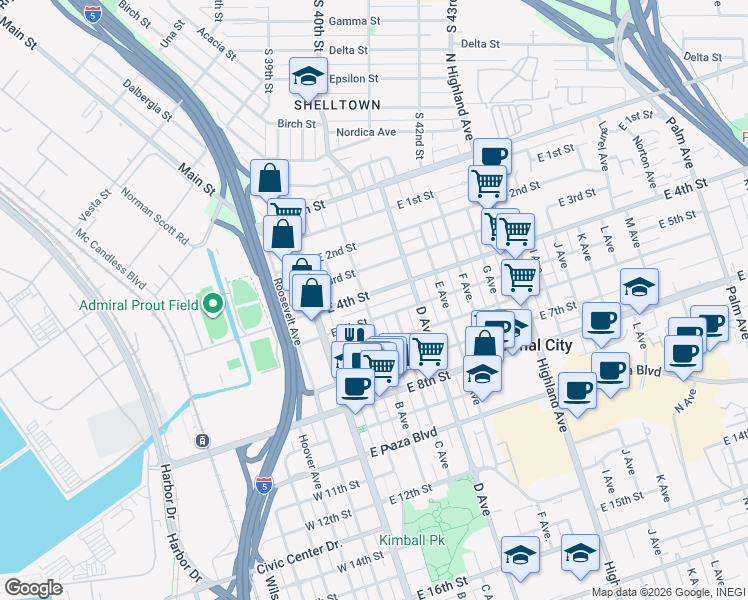 map of restaurants, bars, coffee shops, grocery stores, and more near 212 East 4th Street in National City