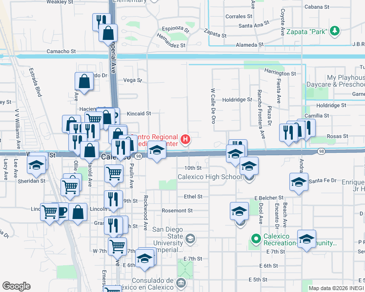map of restaurants, bars, coffee shops, grocery stores, and more near 486 C.N.Perry Avenue in Calexico