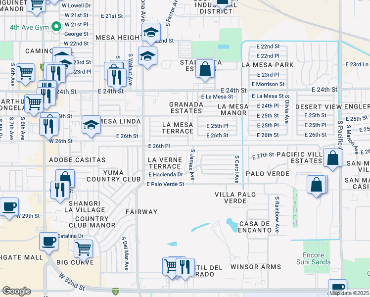 map of restaurants, bars, coffee shops, grocery stores, and more near 2625 South James Drive in Yuma