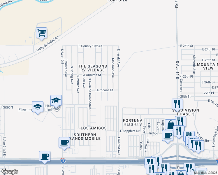 map of restaurants, bars, coffee shops, grocery stores, and more near 10389 South Tornado Avenue in Yuma