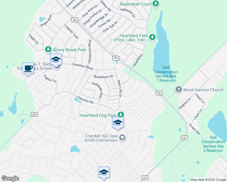 map of restaurants, bars, coffee shops, grocery stores, and more near 4106 Indian Paintbrush Lane in Forney
