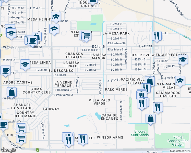 map of restaurants, bars, coffee shops, grocery stores, and more near 923 East 26th Street in Yuma