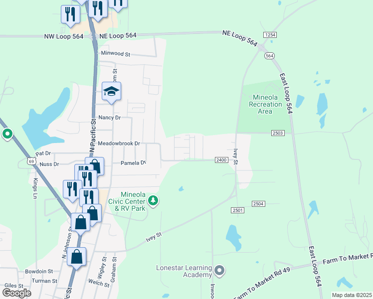 map of restaurants, bars, coffee shops, grocery stores, and more near 1523 Brenda Lane in Mineola