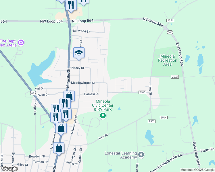 map of restaurants, bars, coffee shops, grocery stores, and more near 503 Meadowbrook Drive in Mineola