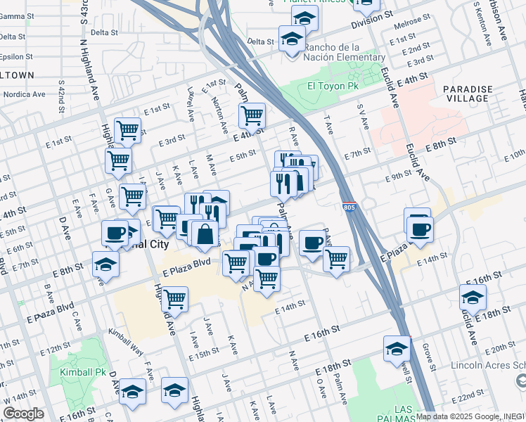 map of restaurants, bars, coffee shops, grocery stores, and more near 1419 East 8th Street in National City