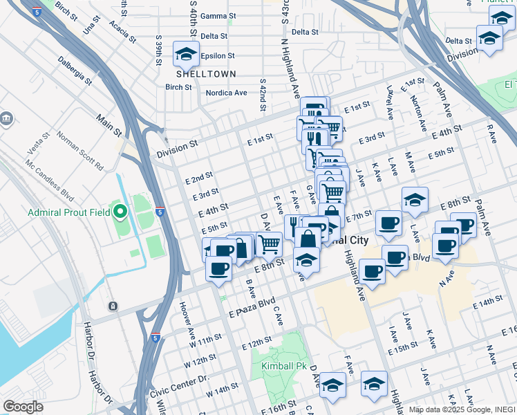 map of restaurants, bars, coffee shops, grocery stores, and more near 424 East 4th Street in National City