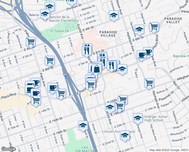 map of restaurants, bars, coffee shops, grocery stores, and more near 1000 Euclid Avenue in National City