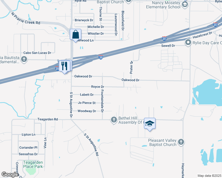 map of restaurants, bars, coffee shops, grocery stores, and more near 9829 Royce Drive in Dallas