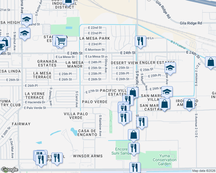 map of restaurants, bars, coffee shops, grocery stores, and more near 2583 South Olivia Avenue in Yuma