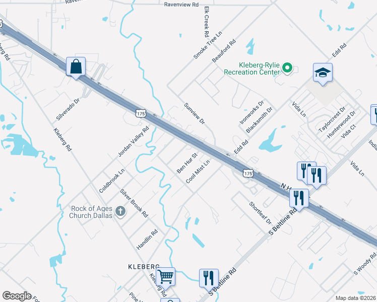 map of restaurants, bars, coffee shops, grocery stores, and more near 12620 C F Hawn Freeway in Dallas