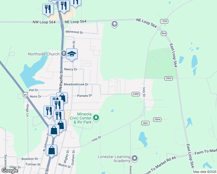 map of restaurants, bars, coffee shops, grocery stores, and more near 1523 Brenda Lane in Mineola