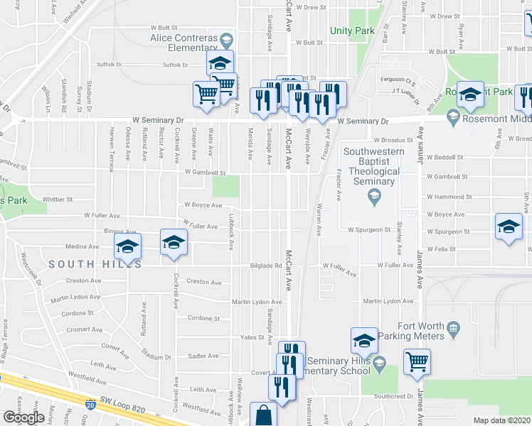 map of restaurants, bars, coffee shops, grocery stores, and more near 4600 Sandage Avenue in Fort Worth