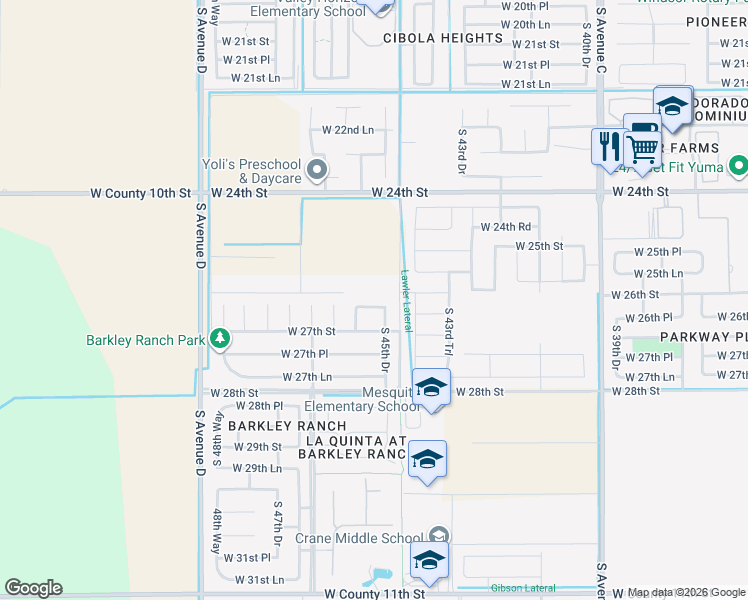 map of restaurants, bars, coffee shops, grocery stores, and more near South 45th Avenue in Yuma